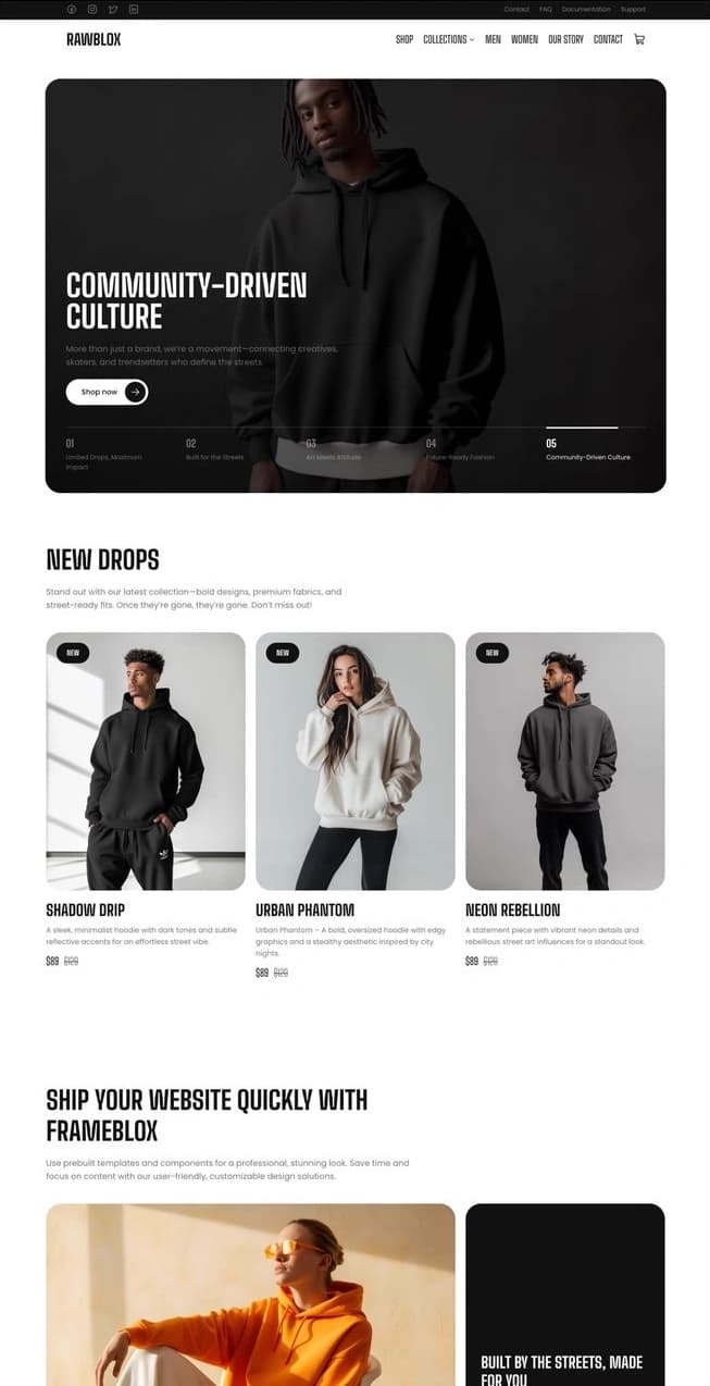 Streetwear storefront with a moody dark palette, a new-drops grid, and a template system built for the brand to ship content fast on its own.