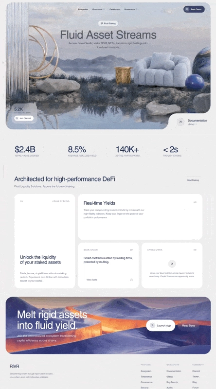 DeFi protocol landing page turning liquid staking into plain, confident copy, with live protocol stats and a motion-led hero.